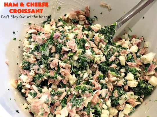 Ham and Cheese Croissant | Can't Stay Out of the Kitchen | this fabulous #breakfast #croissant is perfect for #holidays or company. It's filled with #ham, #Swisscheese, #spinach & #tomatoes. It's so mouthwatering you won't be able to stop eating!