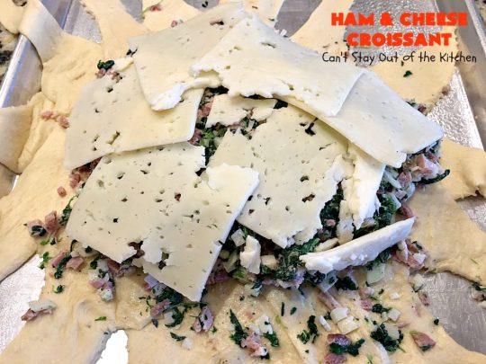 Ham and Cheese Croissant | Can't Stay Out of the Kitchen | this fabulous #breakfast #croissant is perfect for #holidays or company. It's filled with #ham, #Swisscheese, #spinach & #tomatoes. It's so mouthwatering you won't be able to stop eating!
