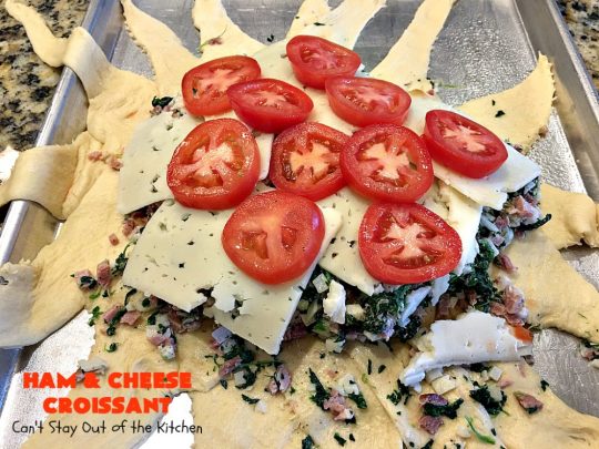 Ham and Cheese Croissant | Can't Stay Out of the Kitchen | this fabulous #breakfast #croissant is perfect for #holidays or company. It's filled with #ham, #Swisscheese, #spinach & #tomatoes. It's so mouthwatering you won't be able to stop eating!