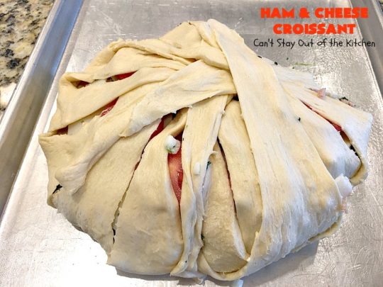 Ham and Cheese Croissant | Can't Stay Out of the Kitchen | this fabulous #breakfast #croissant is perfect for #holidays or company. It's filled with #ham, #Swisscheese, #spinach & #tomatoes. It's so mouthwatering you won't be able to stop eating!