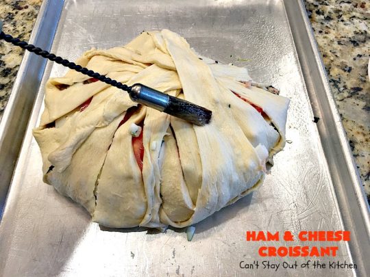 Ham and Cheese Croissant | Can't Stay Out of the Kitchen | this fabulous #breakfast #croissant is perfect for #holidays or company. It's filled with #ham, #Swisscheese, #spinach & #tomatoes. It's so mouthwatering you won't be able to stop eating!