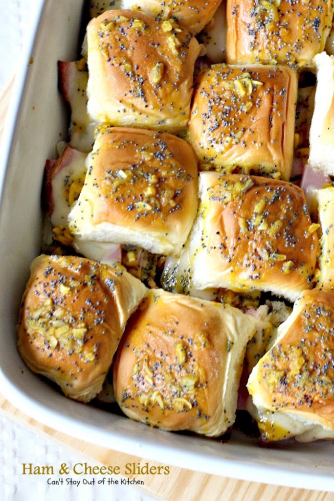 Ham & Cheese Sliders | Can't Stay Out of the Kitchen | these fantastic #sliders are so easy to make and so delicious to eat. They use #KingsHawaiianRolls. Great for #Tailgating and #SuperBowl parties. #Ham #Swisscheese