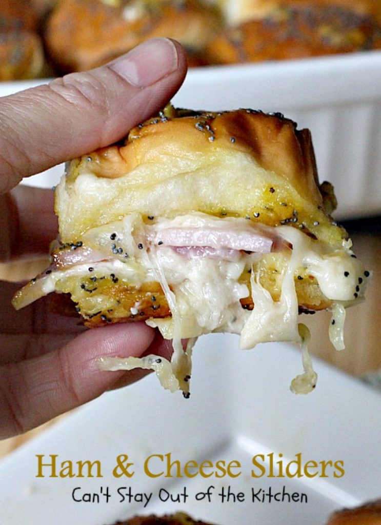 Ham & Cheese Sliders | Can't Stay Out of the Kitchen | these fantastic #sliders are so easy to make and so delicious to eat. They use #KingsHawaiianRolls. Great for #Tailgating and #SuperBowl parties. #Ham #Swisscheese