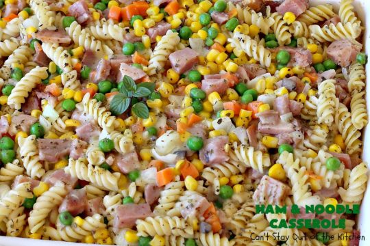 Ham and Noodle Casserole | Can't Stay Out of the Kitchen | this hearty & satisfying #casserole is a terrific way to use up leftover #holiday #ham from #Thanksgiving or #Christmas. It's a kid-friendly meal that will soon become a family favorite. #noodles #pasta #peas #corn #carrots #HamAndNoodleCasserole
