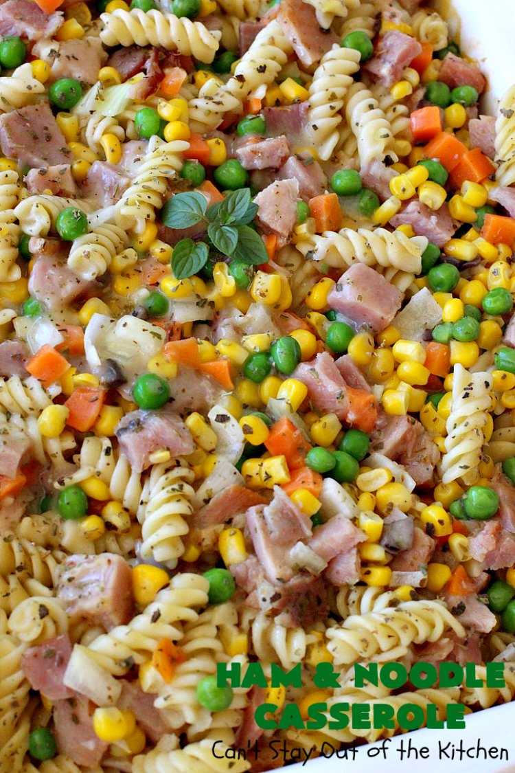 Ham and Noodle Casserole | Can't Stay Out of the Kitchen | this hearty & satisfying #casserole is a terrific way to use up leftover #holiday #ham from #Thanksgiving or #Christmas. It's a kid-friendly meal that will soon become a family favorite. #noodles #pasta #peas #corn #carrots #HamAndNoodleCasserole