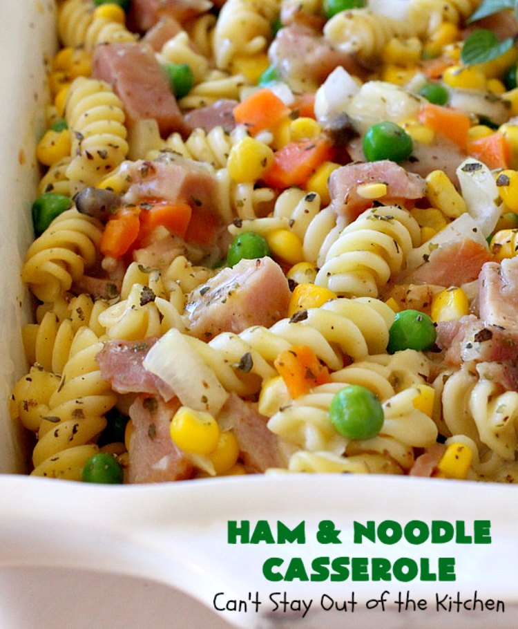 Ham and Noodle Casserole | Can't Stay Out of the Kitchen | this hearty & satisfying #casserole is a terrific way to use up leftover #holiday #ham from #Thanksgiving or #Christmas. It's a kid-friendly meal that will soon become a family favorite. #noodles #pasta #peas #corn #carrots #HamAndNoodleCasserole
