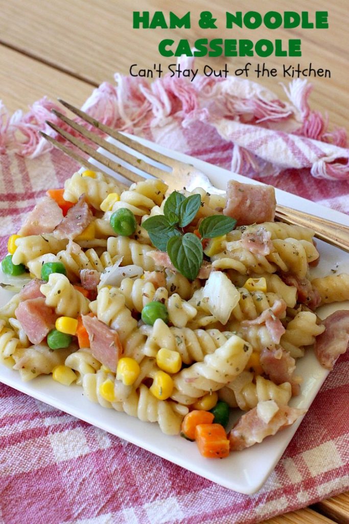 Ham and Noodle Casserole | Can't Stay Out of the Kitchen | this hearty & satisfying #casserole is a terrific way to use up leftover #holiday #ham from #Thanksgiving or #Christmas. It's a kid-friendly meal that will soon become a family favorite. #noodles #pasta #peas #corn #carrots #HamAndNoodleCasserole