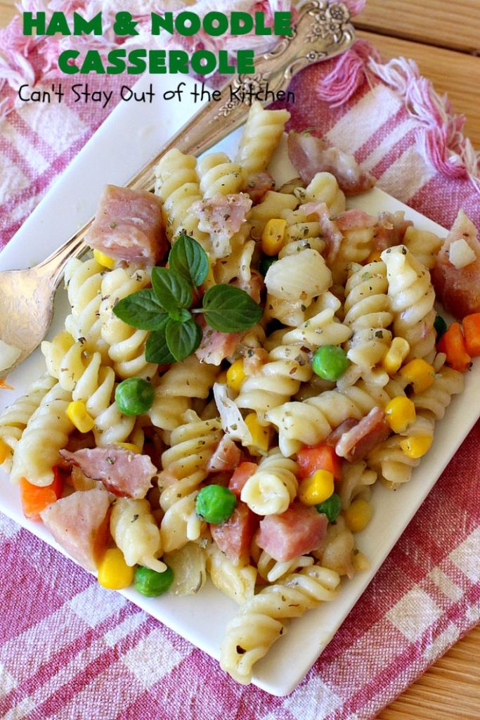 Ham and Noodle Casserole | Can't Stay Out of the Kitchen | this hearty & satisfying #casserole is a terrific way to use up leftover #holiday #ham from #Thanksgiving or #Christmas. It's a kid-friendly meal that will soon become a family favorite. #noodles #pasta #peas #corn #carrots #HamAndNoodleCasserole