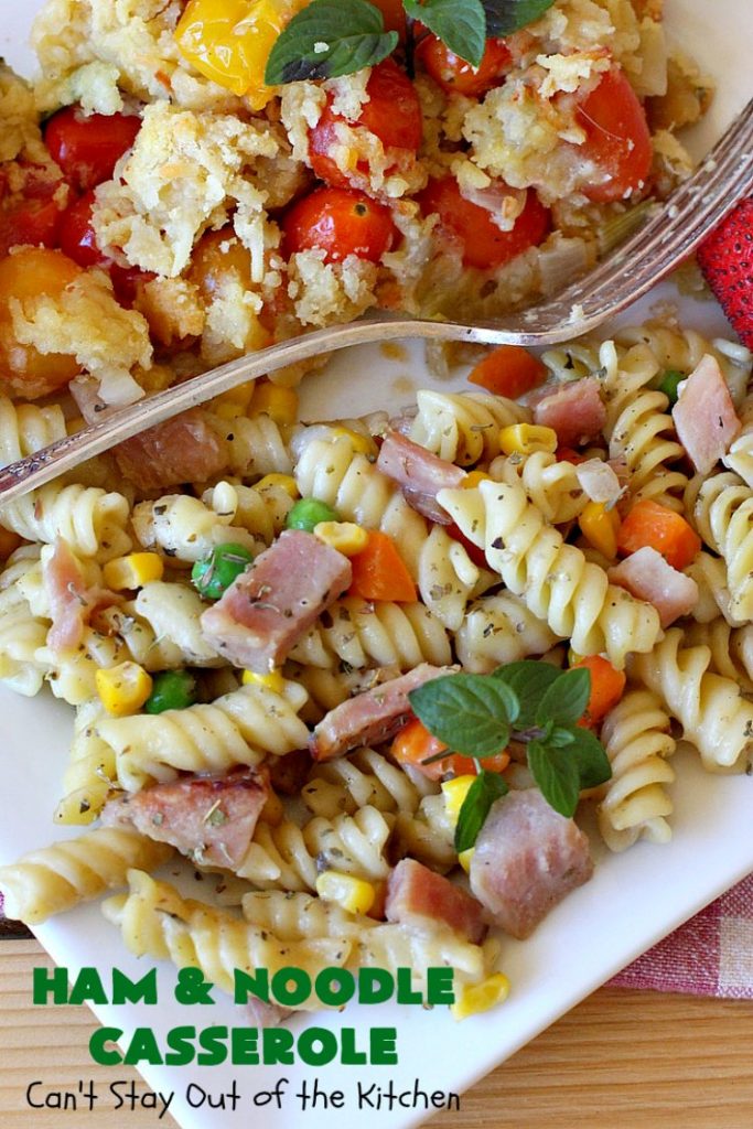Ham and Noodle Casserole | Can't Stay Out of the Kitchen | this hearty & satisfying #casserole is a terrific way to use up leftover #holiday #ham from #Thanksgiving or #Christmas. It's a kid-friendly meal that will soon become a family favorite. #noodles #pasta #peas #corn #carrots #HamAndNoodleCasserole