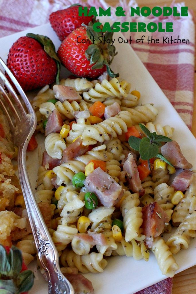Ham and Noodle Casserole | Can't Stay Out of the Kitchen | this hearty & satisfying #casserole is a terrific way to use up leftover #holiday #ham from #Thanksgiving or #Christmas. It's a kid-friendly meal that will soon become a family favorite. #noodles #pasta #peas #corn #carrots #HamAndNoodleCasserole