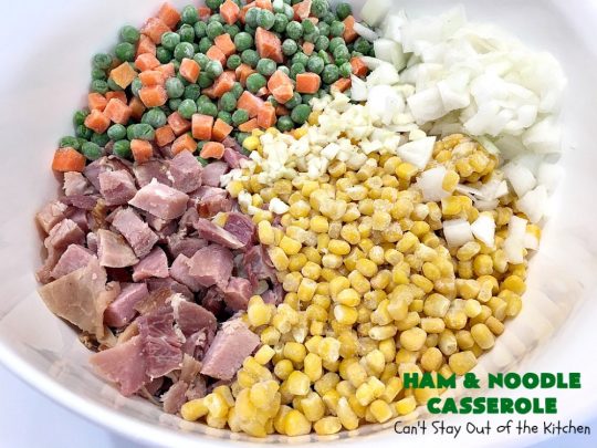 Ham and Noodle Casserole | Can't Stay Out of the Kitchen | this hearty & satisfying #casserole is a terrific way to use up leftover #holiday #ham from #Thanksgiving or #Christmas. It's a kid-friendly meal that will soon become a family favorite. #noodles #pasta #peas #corn #carrots #HamAndNoodleCasserole