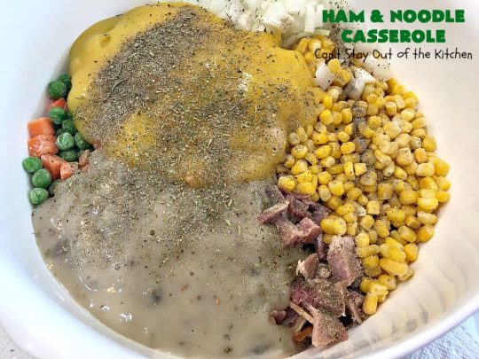 Ham and Noodle Casserole | Can't Stay Out of the Kitchen | this hearty & satisfying #casserole is a terrific way to use up leftover #holiday #ham from #Thanksgiving or #Christmas. It's a kid-friendly meal that will soon become a family favorite. #noodles #pasta #peas #corn #carrots #HamAndNoodleCasserole