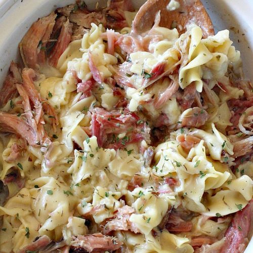 Ham and Noodles | Can't Stay Out of the Kitchen | this mouthwatering #recipe is a terrific way to use up leftover #holiday #ham. It's made in the #SlowCooker & so easy. Savory, sumptuous stick-to-the-ribs meal. #noodles #pasta #HamAndNoodles