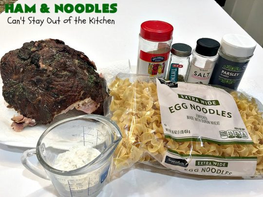 Ham and Noodles | Can't Stay Out of the Kitchen | this mouthwatering #recipe is a terrific way to use up leftover #holiday #ham. It's made in the #SlowCooker & so easy. Savory, sumptuous stick-to-the-ribs meal. #noodles #pasta #HamAndNoodles