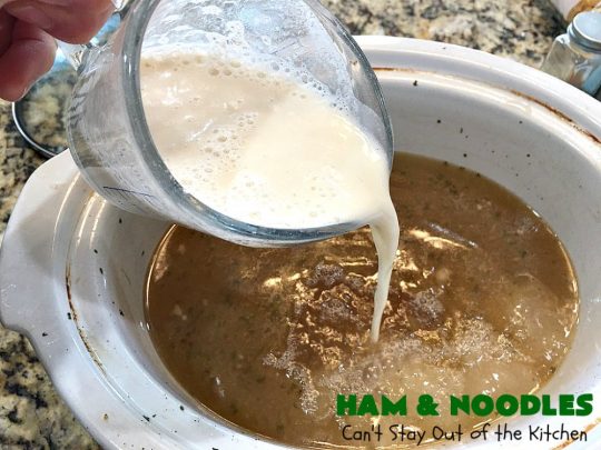Ham and Noodles | Can't Stay Out of the Kitchen | this mouthwatering #recipe is a terrific way to use up leftover #holiday #ham. It's made in the #SlowCooker & so easy. Savory, sumptuous stick-to-the-ribs meal. #noodles #pasta #HamAndNoodles
