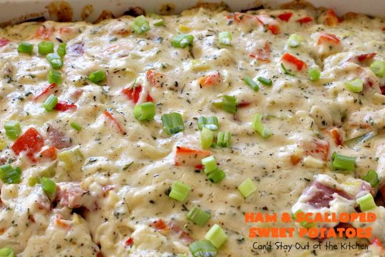 Ham and Scalloped Sweet Potatoes | Can't Stay Out of the Kitchen | this fantastic #casserole is the perfect way to use up leftover #ham from the #holidays. Savory and sumptuous, this #pork entree is comfort food at its best! #glutenfree #sweetpotatoes
