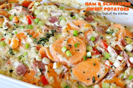 Ham and Scalloped Sweet Potatoes | Can't Stay Out of the Kitchen | this fantastic #casserole is the perfect way to use up leftover #ham from the #holidays. Savory and sumptuous, this #pork entree is comfort food at its best! #glutenfree #sweetpotatoes