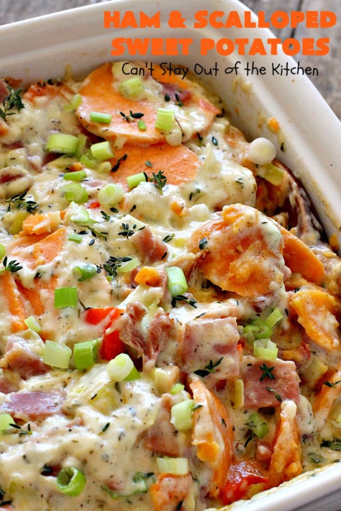 Ham and Scalloped Sweet Potatoes | Can't Stay Out of the Kitchen | this fantastic #casserole is the perfect way to use up leftover #ham from the #holidays. Savory and sumptuous, this #pork entree is comfort food at its best! #glutenfree #sweetpotatoes