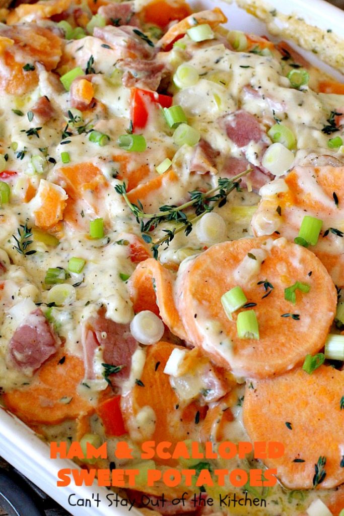 Ham and Scalloped Sweet Potatoes | Can't Stay Out of the Kitchen | this fantastic #casserole is the perfect way to use up leftover #ham from the #holidays. Savory and sumptuous, this #pork entree is comfort food at its best! #glutenfree #sweetpotatoes