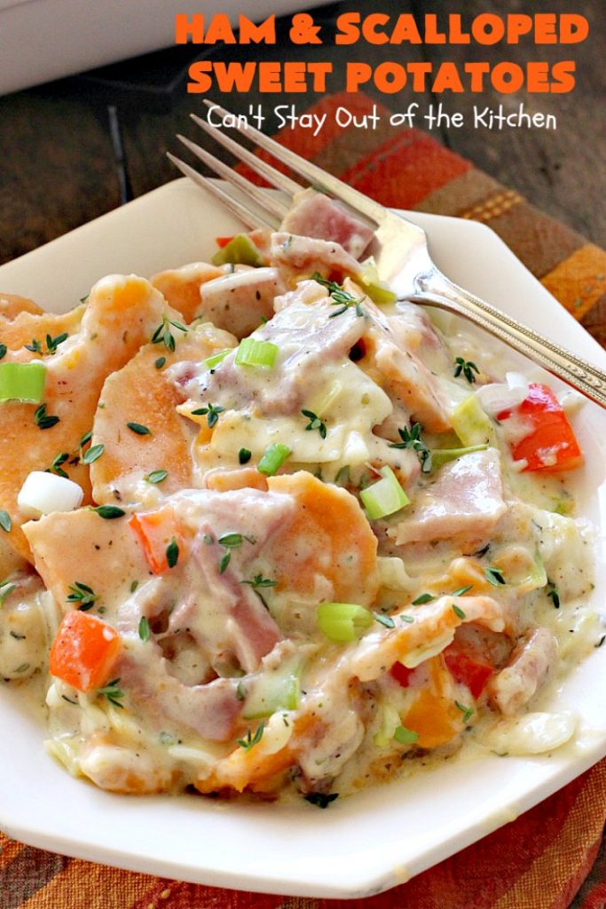 Ham and Scalloped Sweet Potatoes | Can't Stay Out of the Kitchen | this fantastic #casserole is the perfect way to use up leftover #ham from the #holidays. Savory and sumptuous, this #pork entree is comfort food at its best! #glutenfree #sweetpotatoes