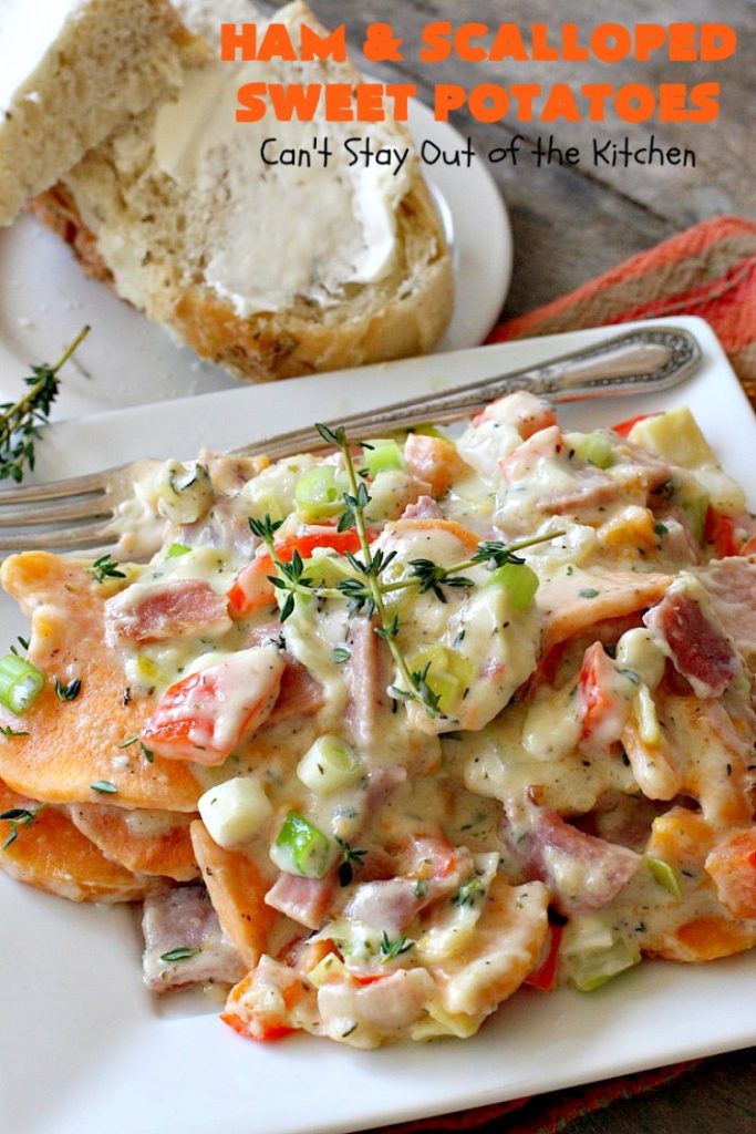 Ham and Scalloped Sweet Potatoes | Can't Stay Out of the Kitchen | this fantastic #casserole is the perfect way to use up leftover #ham from the #holidays. Savory and sumptuous, this #pork entree is comfort food at its best! #glutenfree #sweetpotatoes