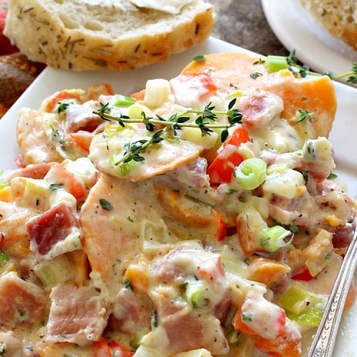 Ham and Scalloped Sweet Potatoes | Can't Stay Out of the Kitchen | this fantastic #casserole is the perfect way to use up leftover #ham from the #holidays. Savory and sumptuous, this #pork entree is comfort food at its best! #glutenfree #sweetpotatoes