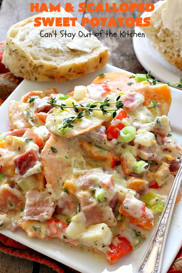 Ham and Scalloped Sweet Potatoes | Can't Stay Out of the Kitchen | this fantastic #casserole is the perfect way to use up leftover #ham from the #holidays. Savory and sumptuous, this #pork entree is comfort food at its best! #glutenfree #sweetpotatoes