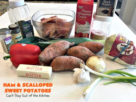 Ham and Scalloped Sweet Potatoes | Can't Stay Out of the Kitchen | this fantastic #casserole is the perfect way to use up leftover #ham from the #holidays. Savory and sumptuous, this #pork entree is comfort food at its best! #glutenfree #sweetpotatoes