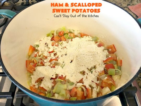 Ham and Scalloped Sweet Potatoes | Can't Stay Out of the Kitchen | this fantastic #casserole is the perfect way to use up leftover #ham from the #holidays. Savory and sumptuous, this #pork entree is comfort food at its best! #glutenfree #sweetpotatoes