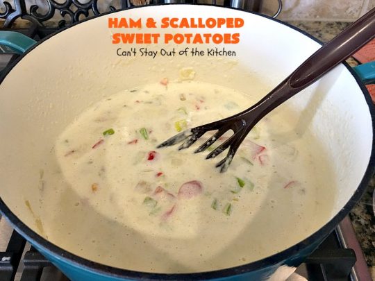 Ham and Scalloped Sweet Potatoes | Can't Stay Out of the Kitchen | this fantastic #casserole is the perfect way to use up leftover #ham from the #holidays. Savory and sumptuous, this #pork entree is comfort food at its best! #glutenfree #sweetpotatoes