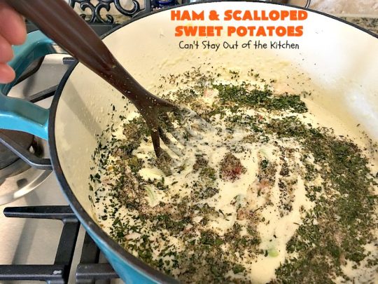 Ham and Scalloped Sweet Potatoes | Can't Stay Out of the Kitchen | this fantastic #casserole is the perfect way to use up leftover #ham from the #holidays. Savory and sumptuous, this #pork entree is comfort food at its best! #glutenfree #sweetpotatoes
