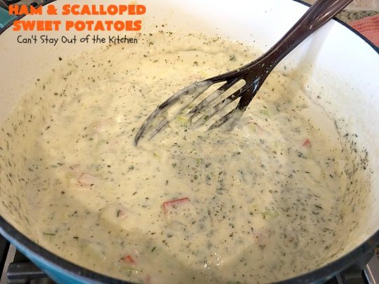 Ham and Scalloped Sweet Potatoes | Can't Stay Out of the Kitchen | this fantastic #casserole is the perfect way to use up leftover #ham from the #holidays. Savory and sumptuous, this #pork entree is comfort food at its best! #glutenfree #sweetpotatoes