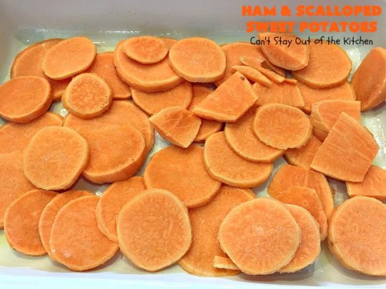 Ham and Scalloped Sweet Potatoes | Can't Stay Out of the Kitchen | this fantastic #casserole is the perfect way to use up leftover #ham from the #holidays. Savory and sumptuous, this #pork entree is comfort food at its best! #glutenfree #sweetpotatoes