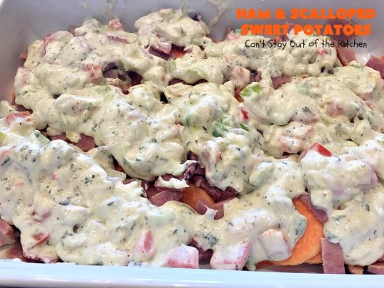 Ham and Scalloped Sweet Potatoes | Can't Stay Out of the Kitchen | this fantastic #casserole is the perfect way to use up leftover #ham from the #holidays. Savory and sumptuous, this #pork entree is comfort food at its best! #glutenfree #sweetpotatoes