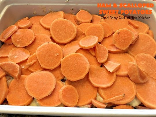 Ham and Scalloped Sweet Potatoes | Can't Stay Out of the Kitchen | this fantastic #casserole is the perfect way to use up leftover #ham from the #holidays. Savory and sumptuous, this #pork entree is comfort food at its best! #glutenfree #sweetpotatoes