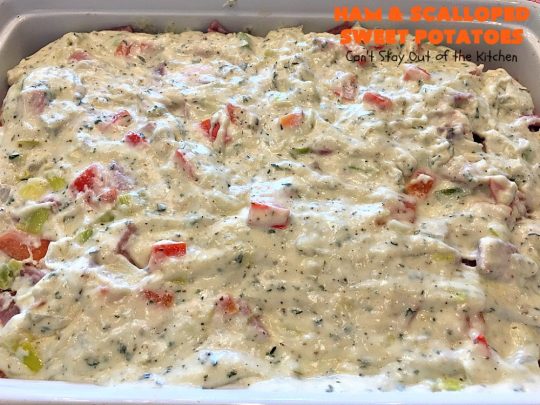 Ham and Scalloped Sweet Potatoes | Can't Stay Out of the Kitchen | this fantastic #casserole is the perfect way to use up leftover #ham from the #holidays. Savory and sumptuous, this #pork entree is comfort food at its best! #glutenfree #sweetpotatoes