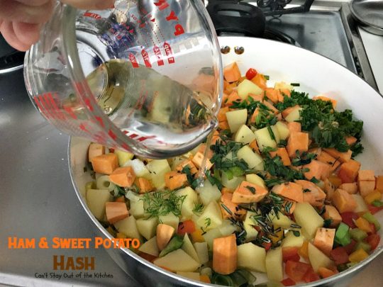 Ham & Sweet Potato Hash | Can't Stay Out of the Kitchen | this is the most spectacular #breakfast #hash. It's filled with white #potatoes & #sweetpotatoes #ham #eggs #bellpeppers and lots of fresh herbs. Great for a #holiday breakfast. #glutenfree