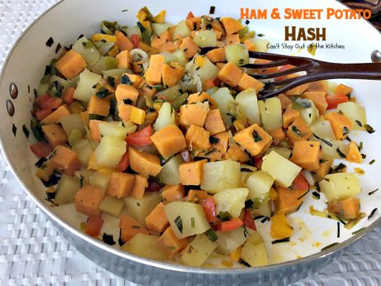 Ham & Sweet Potato Hash | Can't Stay Out of the Kitchen | this is the most spectacular #breakfast #hash. It's filled with white #potatoes & #sweetpotatoes #ham #eggs #bellpeppers and lots of fresh herbs. Great for a #holiday breakfast. #glutenfree
