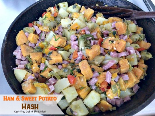 Ham & Sweet Potato Hash | Can't Stay Out of the Kitchen | this is the most spectacular #breakfast #hash. It's filled with white #potatoes & #sweetpotatoes #ham #eggs #bellpeppers and lots of fresh herbs. Great for a #holiday breakfast. #glutenfree