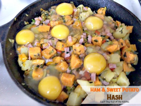 Ham & Sweet Potato Hash | Can't Stay Out of the Kitchen | this is the most spectacular #breakfast #hash. It's filled with white #potatoes & #sweetpotatoes #ham #eggs #bellpeppers and lots of fresh herbs. Great for a #holiday breakfast. #glutenfree