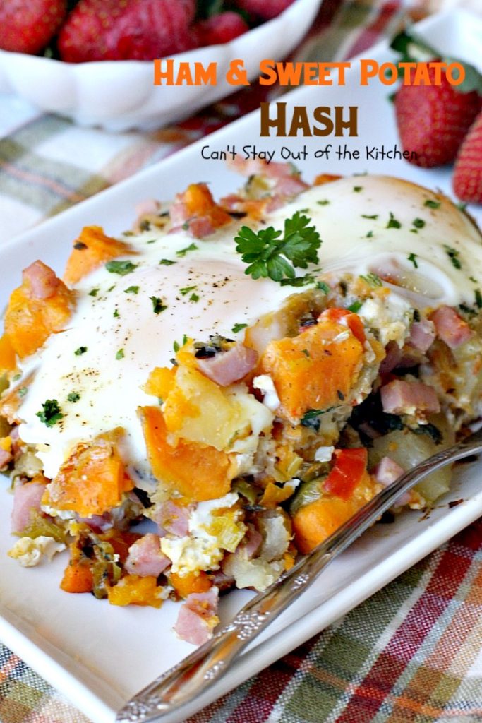 Ham & Sweet Potato Hash | Can't Stay Out of the Kitchen | this is the most spectacular #breakfast #hash. It's filled with white #potatoes & #sweetpotatoes #ham #eggs #bellpeppers and lots of fresh herbs. Great for a #holiday breakfast. #glutenfree