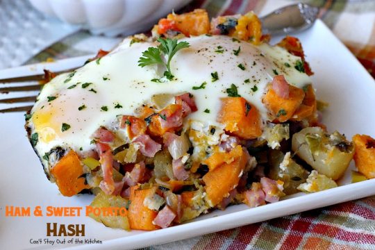 Ham & Sweet Potato Hash | Can't Stay Out of the Kitchen | this is the most spectacular #breakfast #hash. It's filled with white #potatoes & #sweetpotatoes #ham #eggs #bellpeppers and lots of fresh herbs. Great for a #holiday breakfast. #glutenfree