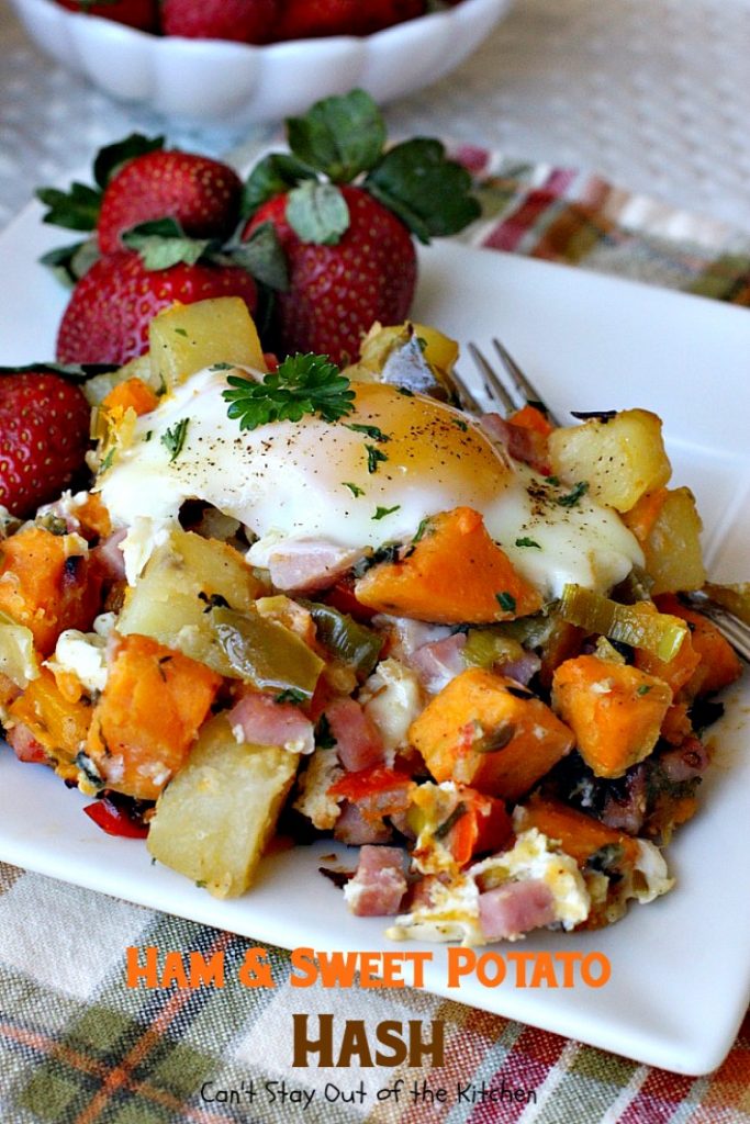 Ham & Sweet Potato Hash | Can't Stay Out of the Kitchen | this is the most spectacular #breakfast #hash. It's filled with white #potatoes & #sweetpotatoes #ham #eggs #bellpeppers and lots of fresh herbs. Great for a #holiday breakfast. #glutenfree