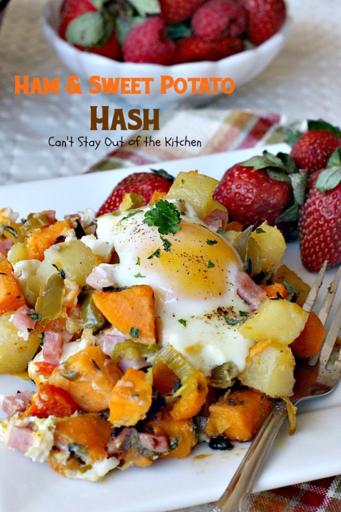 Ham & Sweet Potato Hash | Can't Stay Out of the Kitchen | this is the most spectacular #breakfast #hash. It's filled with white #potatoes & #sweetpotatoes #ham #eggs #bellpeppers and lots of fresh herbs. Great for a #holiday breakfast. #glutenfree