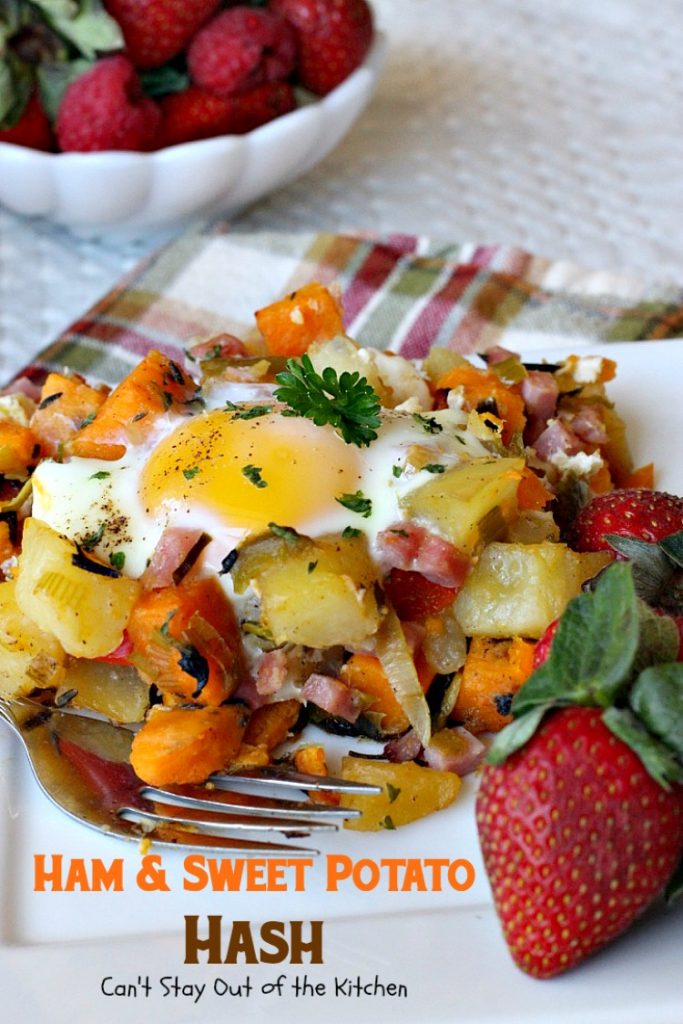 Ham & Sweet Potato Hash | Can't Stay Out of the Kitchen | this is the most spectacular #breakfast #hash. It's filled with white #potatoes & #sweetpotatoes #ham #eggs #bellpeppers and lots of fresh herbs. Great for a #holiday breakfast. #glutenfree