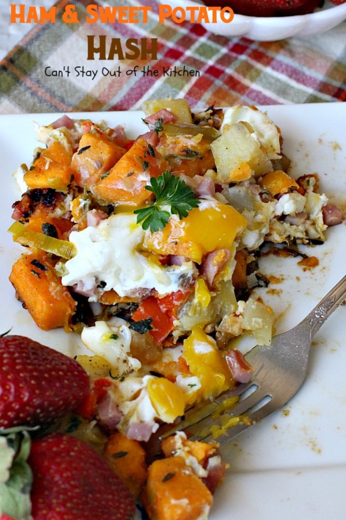 Ham & Sweet Potato Hash | Can't Stay Out of the Kitchen | this is the most spectacular #breakfast #hash. It's filled with white #potatoes & #sweetpotatoes #ham #eggs #bellpeppers and lots of fresh herbs. Great for a #holiday breakfast. #glutenfree