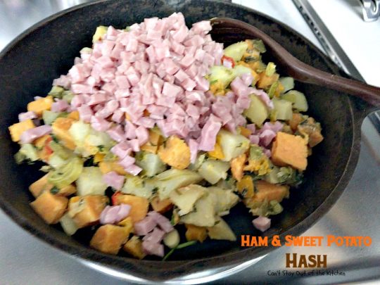 Ham & Sweet Potato Hash | Can't Stay Out of the Kitchen | this is the most spectacular #breakfast #hash. It's filled with white #potatoes & #sweetpotatoes #ham #eggs #bellpeppers and lots of fresh herbs. Great for a #holiday breakfast. #glutenfree