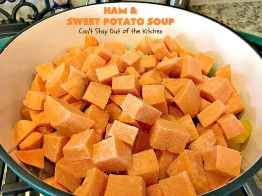 Ham and Sweet Potato Soup | Can't Stay Out of the Kitchen | this #soup is absolutely amazing. It's a delicious #cheese soup featuring #ham & #sweetpotatoes. So perfect for cold, winter nights. #glutenfree