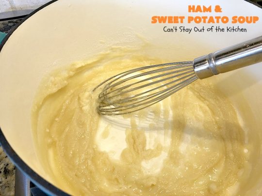 Ham and Sweet Potato Soup | Can't Stay Out of the Kitchen | this #soup is absolutely amazing. It's a delicious #cheese soup featuring #ham & #sweetpotatoes. So perfect for cold, winter nights. #glutenfree