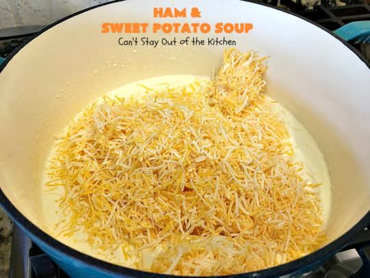 Ham and Sweet Potato Soup | Can't Stay Out of the Kitchen | this #soup is absolutely amazing. It's a delicious #cheese soup featuring #ham & #sweetpotatoes. So perfect for cold, winter nights. #glutenfree